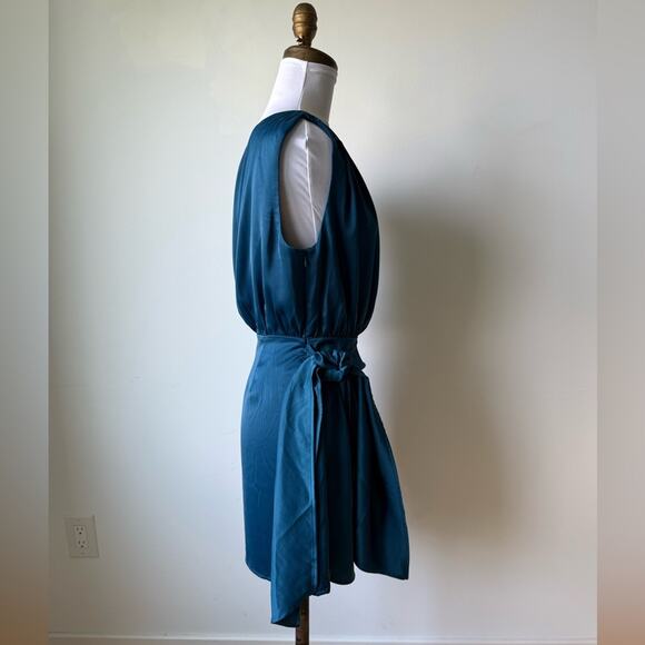 LULUS ELEGANR POISE DARK TEAL BLUE SATIN ASYMMETRICAL TIE FRONT DRESS SMALL - Picture 4 of 9